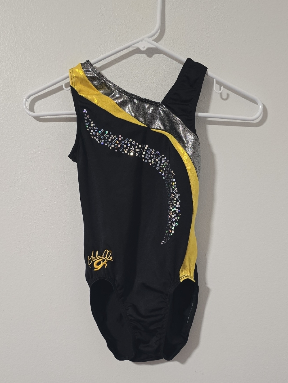 GK Gabrielle Sun Devil Black Gymnastics Leotard with Silver & Yellow Accents